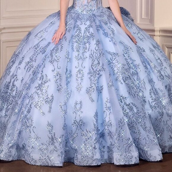 New Blue Strapless Layered Quinceanera Tulle Gown w/ Sequins Embroidery CD 15732 - Picture 6 of 11